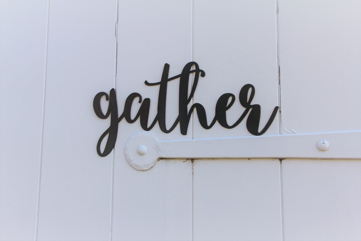 gather Cursive Metal Word Sign - Madison Iron and Wood - Metal Art - metal outdoor decor - Steel deocrations - american made products - veteran owned business products - fencing decorations - fencing supplies - custom wall decorations - personalized wall signs - steel - decorative post caps - steel post caps - metal post caps - brackets - structural brackets - home improvement - easter - easter decorations - easter gift - easter yard decor