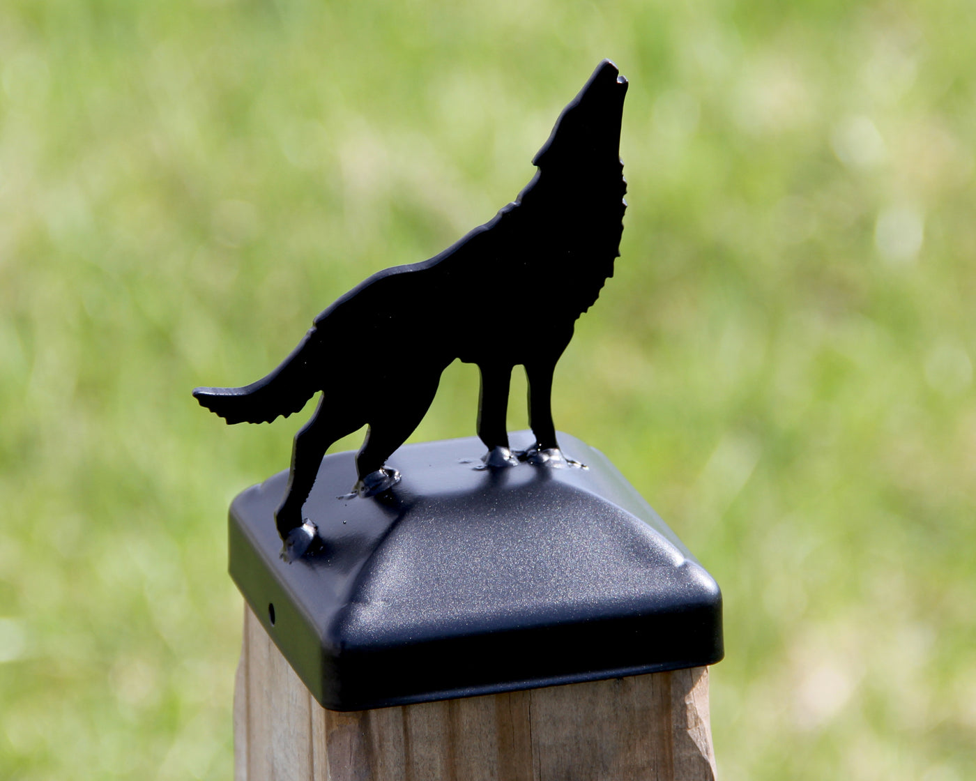4x4 Howling Wolf Post Cap - Madison Iron and Wood - Post Cap - metal outdoor decor - Steel deocrations - american made products - veteran owned business products - fencing decorations - fencing supplies - custom wall decorations - personalized wall signs - steel - decorative post caps - steel post caps - metal post caps - brackets - structural brackets - home improvement - easter - easter decorations - easter gift - easter yard decor