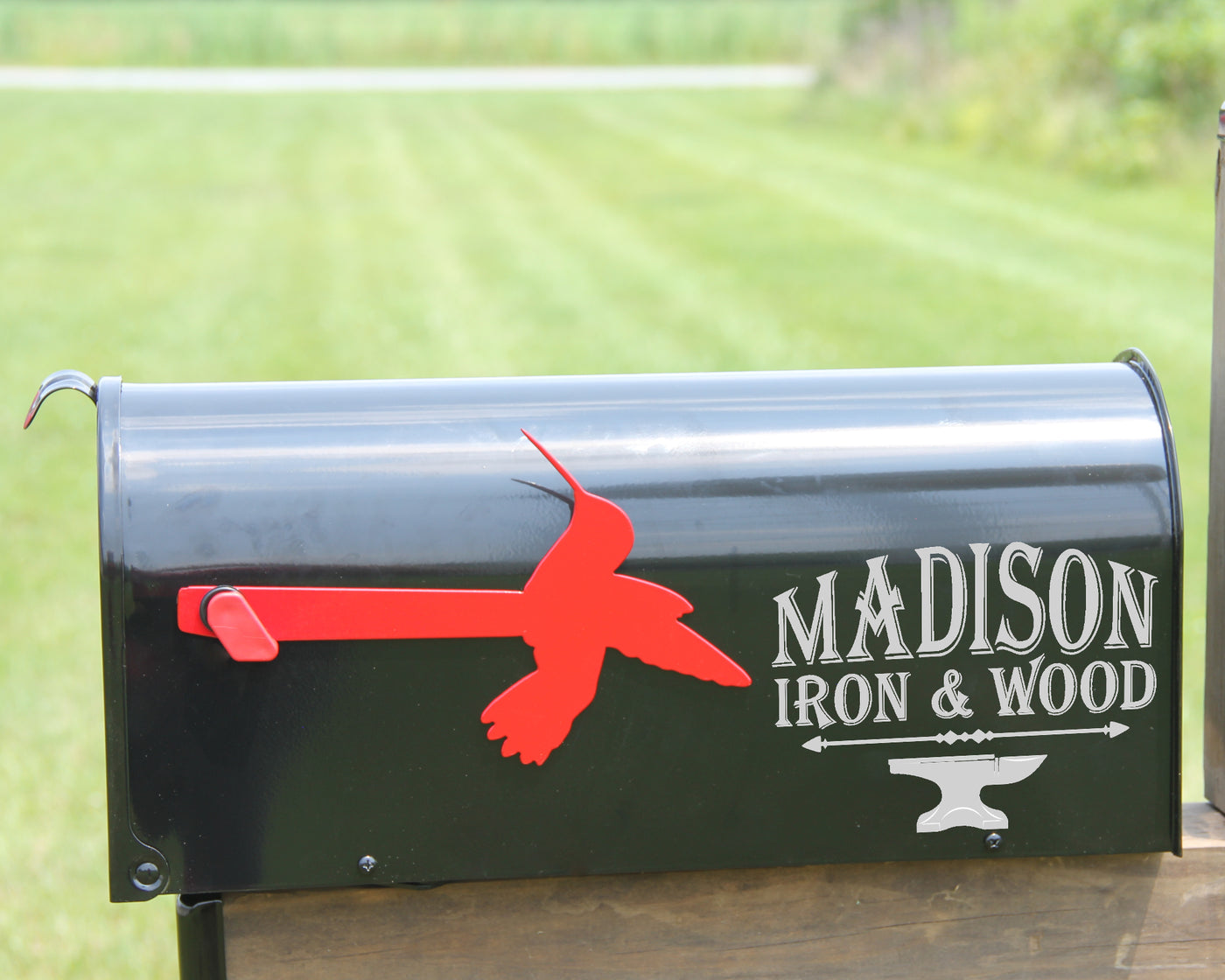 Hummingbird Mailbox Flag - Madison Iron and Wood - Mailbox Post Decor - metal outdoor decor - Steel deocrations - american made products - veteran owned business products - fencing decorations - fencing supplies - custom wall decorations - personalized wall signs - steel - decorative post caps - steel post caps - metal post caps - brackets - structural brackets - home improvement - easter - easter decorations - easter gift - easter yard decor