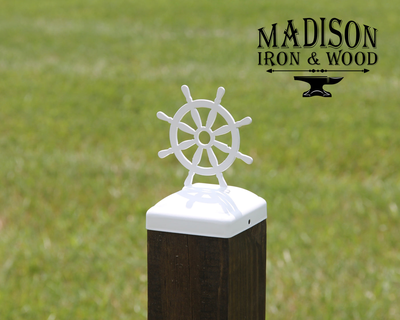 4x4 Ship Wheel Post Cap - Madison Iron and Wood - Post Cap - metal outdoor decor - Steel deocrations - american made products - veteran owned business products - fencing decorations - fencing supplies - custom wall decorations - personalized wall signs - steel - decorative post caps - steel post caps - metal post caps - brackets - structural brackets - home improvement - easter - easter decorations - easter gift - easter yard decor