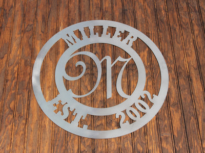 Personalized Monogram Initials Circle Metal Sign with Name and EST. Date - Madison Iron and Wood - Monogram Sign - metal outdoor decor - Steel deocrations - american made products - veteran owned business products - fencing decorations - fencing supplies - custom wall decorations - personalized wall signs - steel - decorative post caps - steel post caps - metal post caps - brackets - structural brackets - home improvement - easter - easter decorations - easter gift - easter yard decor