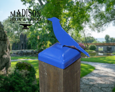 4X4 Blue Jay Post Cap - Madison Iron and Wood - Post Cap - metal outdoor decor - Steel deocrations - american made products - veteran owned business products - fencing decorations - fencing supplies - custom wall decorations - personalized wall signs - steel - decorative post caps - steel post caps - metal post caps - brackets - structural brackets - home improvement - easter - easter decorations - easter gift - easter yard decor