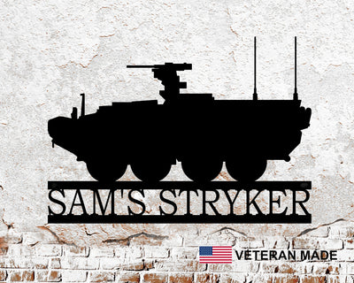 Personalized M1126 Stryker Armored Vehicle Metal Sign - Madison Iron and Wood - Personalized sign - metal outdoor decor - Steel deocrations - american made products - veteran owned business products - fencing decorations - fencing supplies - custom wall decorations - personalized wall signs - steel - decorative post caps - steel post caps - metal post caps - brackets - structural brackets - home improvement - easter - easter decorations - easter gift - easter yard decor