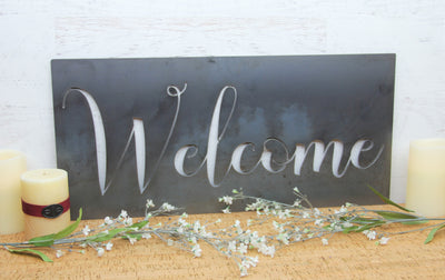 Welcome Metal Word Sign - Madison Iron and Wood - Metal Art - metal outdoor decor - Steel deocrations - american made products - veteran owned business products - fencing decorations - fencing supplies - custom wall decorations - personalized wall signs - steel - decorative post caps - steel post caps - metal post caps - brackets - structural brackets - home improvement - easter - easter decorations - easter gift - easter yard decor