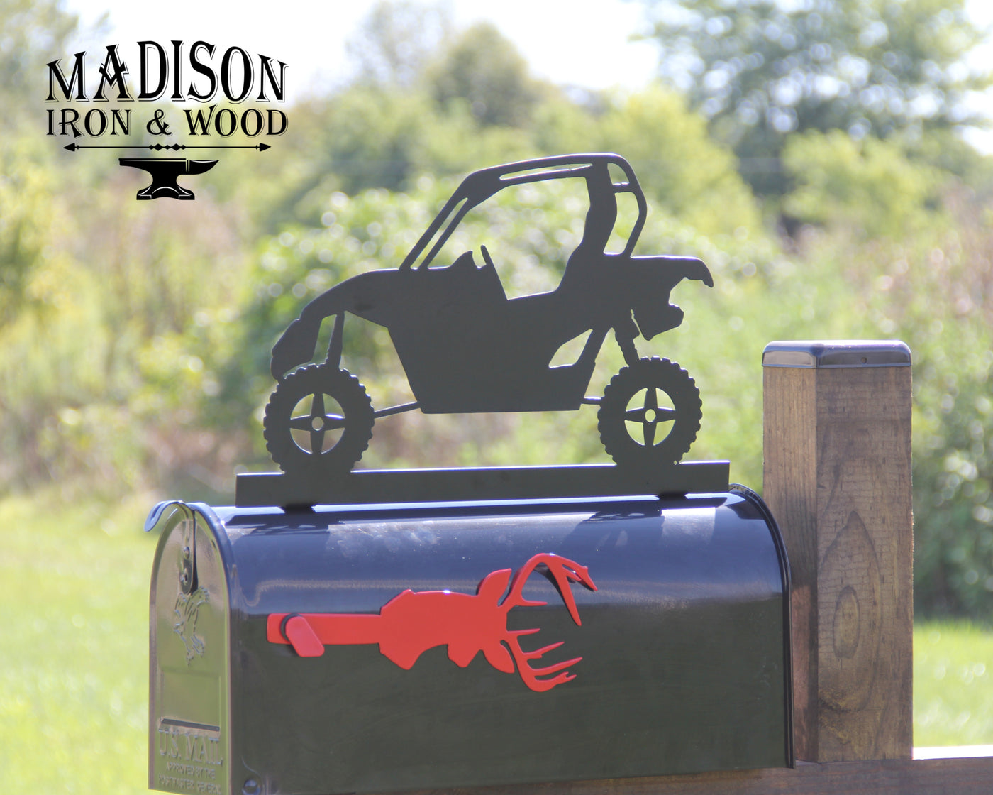 UTV Mailbox Topper - Madison Iron and Wood - Mailbox Post Decor - metal outdoor decor - Steel deocrations - american made products - veteran owned business products - fencing decorations - fencing supplies - custom wall decorations - personalized wall signs - steel - decorative post caps - steel post caps - metal post caps - brackets - structural brackets - home improvement - easter - easter decorations - easter gift - easter yard decor