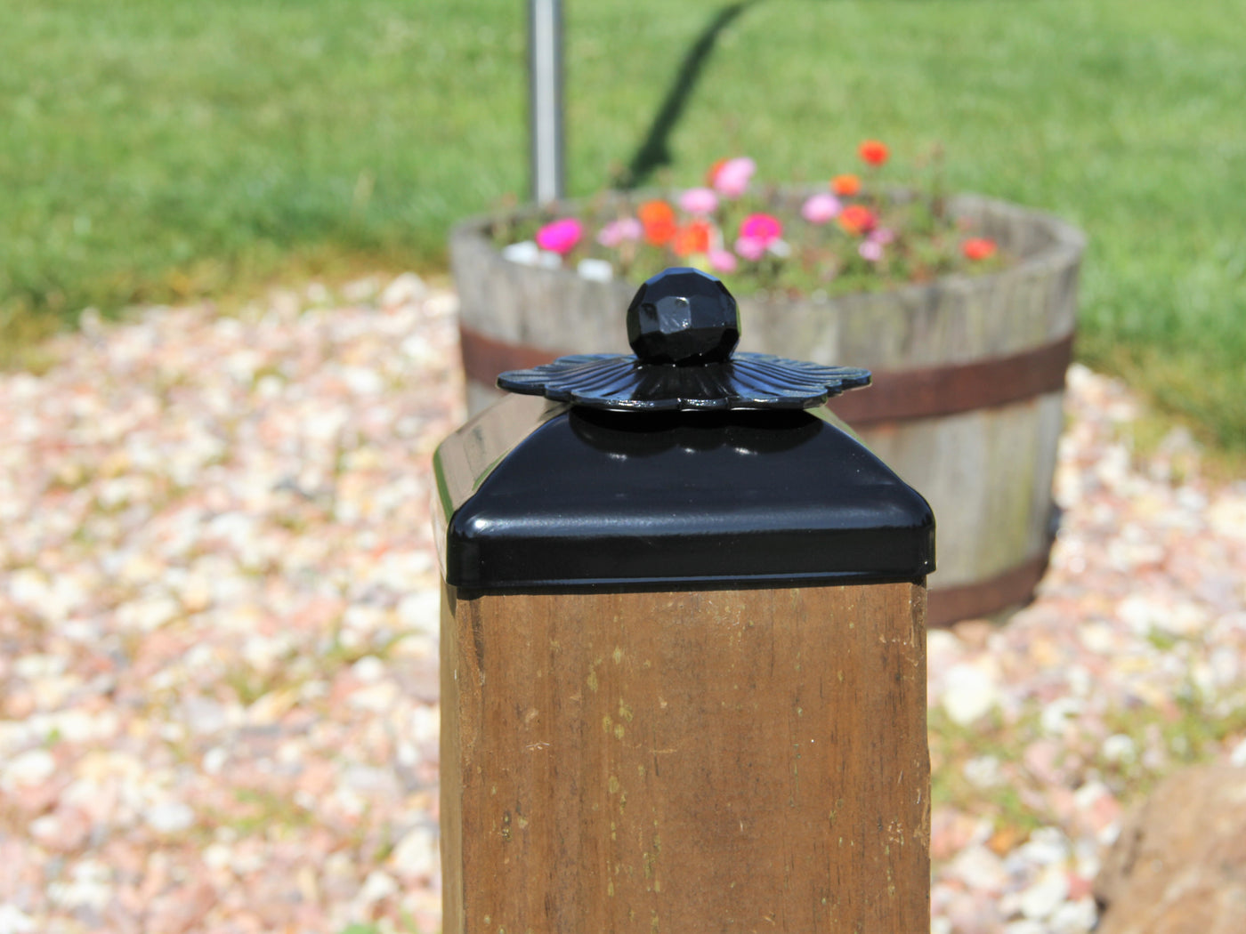 6x6 Flower Rosette Post Cap - Madison Iron and Wood - Post Cap - metal outdoor decor - Steel deocrations - american made products - veteran owned business products - fencing decorations - fencing supplies - custom wall decorations - personalized wall signs - steel - decorative post caps - steel post caps - metal post caps - brackets - structural brackets - home improvement - easter - easter decorations - easter gift - easter yard decor