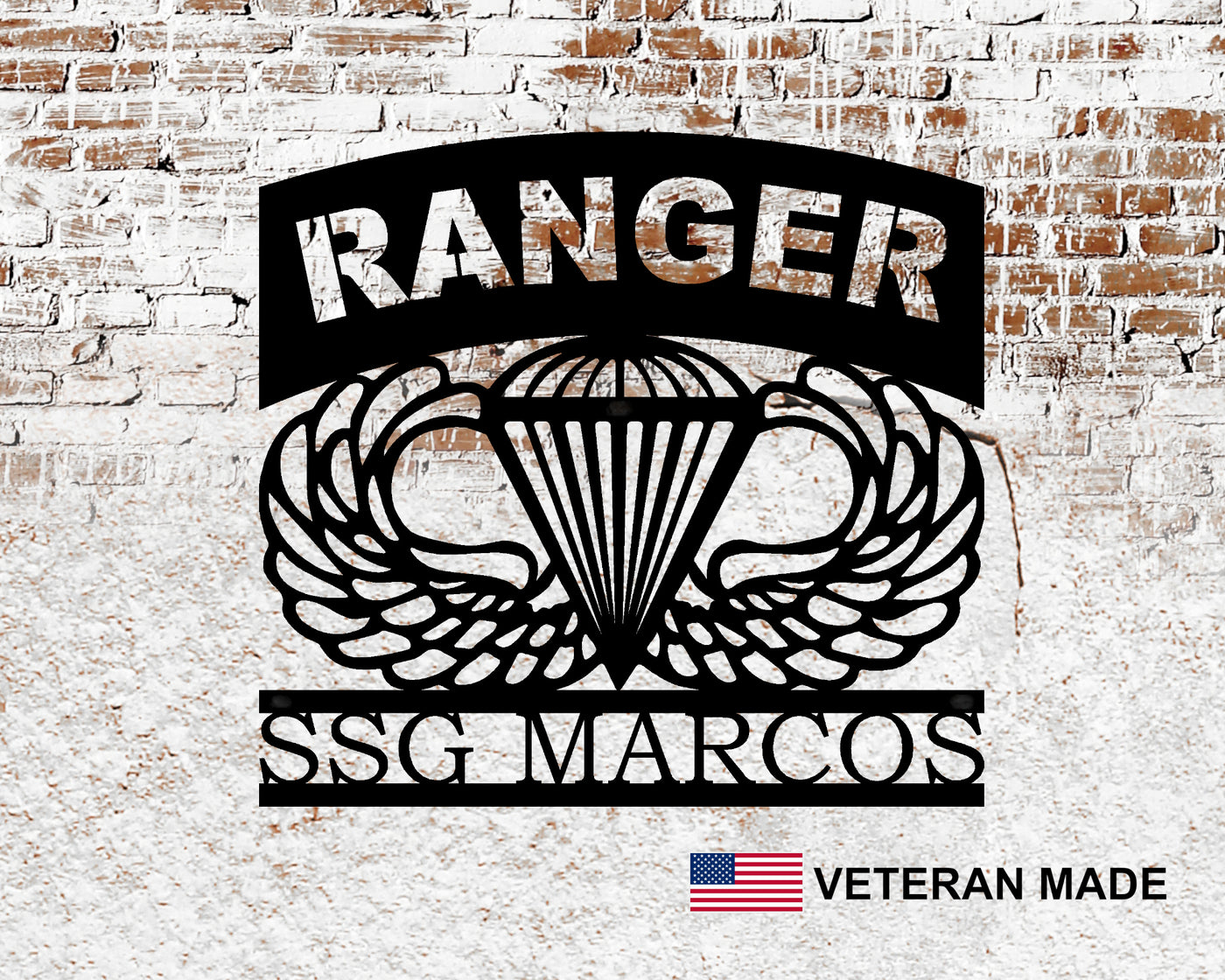 Personalized Airborne Ranger Metal Sign with Rank and Name - Madison Iron and Wood - Personalized sign - metal outdoor decor - Steel deocrations - american made products - veteran owned business products - fencing decorations - fencing supplies - custom wall decorations - personalized wall signs - steel - decorative post caps - steel post caps - metal post caps - brackets - structural brackets - home improvement - easter - easter decorations - easter gift - easter yard decor