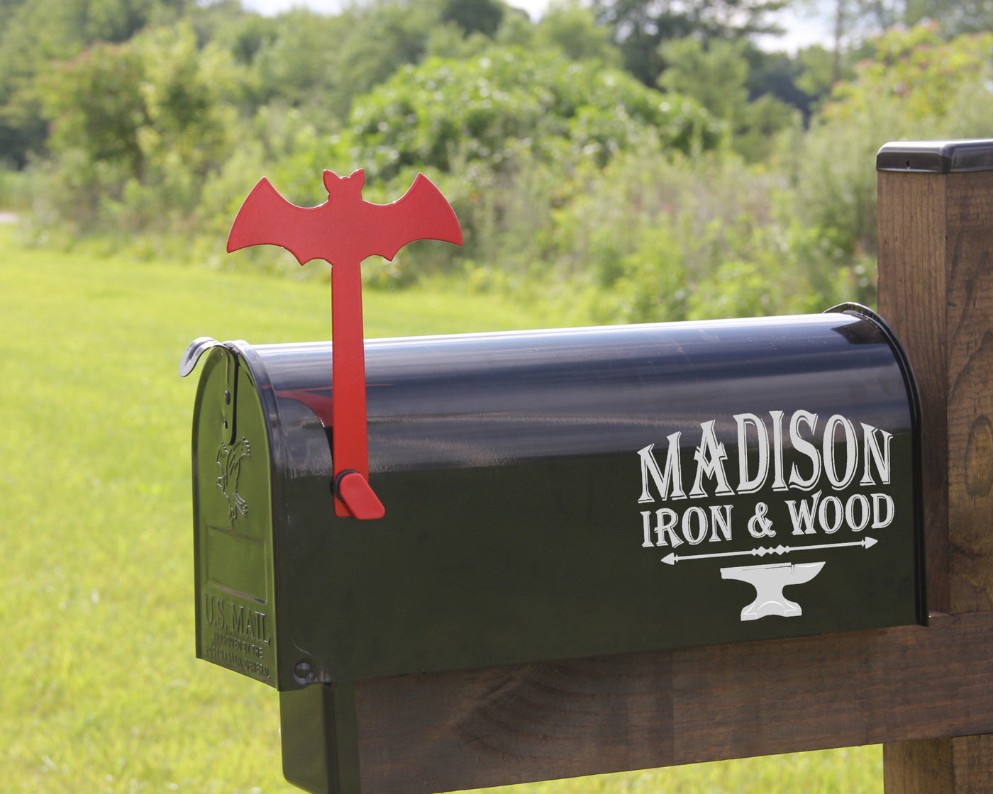 Bat Mailbox Flag - Madison Iron and Wood - Mailbox Post Decor - metal outdoor decor - Steel deocrations - american made products - veteran owned business products - fencing decorations - fencing supplies - custom wall decorations - personalized wall signs - steel - decorative post caps - steel post caps - metal post caps - brackets - structural brackets - home improvement - easter - easter decorations - easter gift - easter yard decor