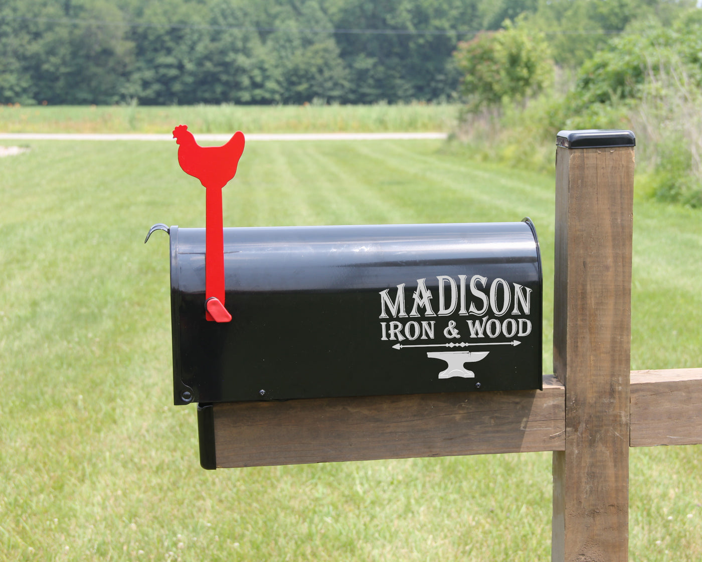 Chicken Mailbox Flag - Madison Iron and Wood - Mailbox Post Decor - metal outdoor decor - Steel deocrations - american made products - veteran owned business products - fencing decorations - fencing supplies - custom wall decorations - personalized wall signs - steel - decorative post caps - steel post caps - metal post caps - brackets - structural brackets - home improvement - easter - easter decorations - easter gift - easter yard decor