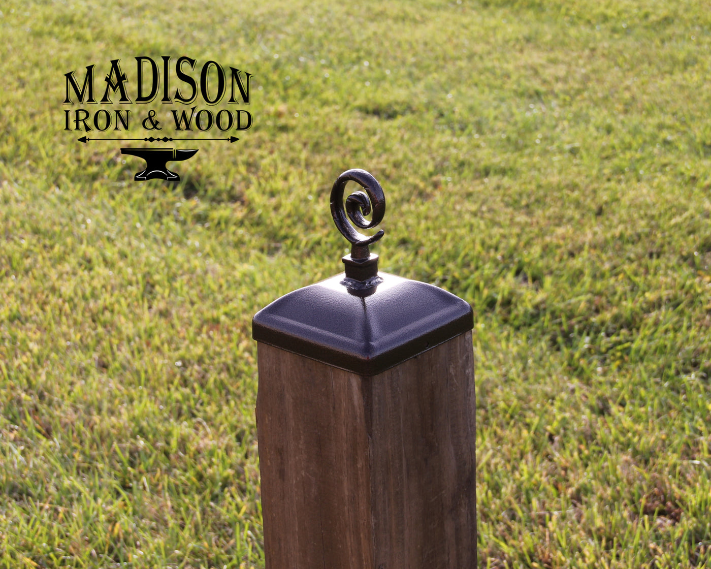 6x6 Spiral post cap - Madison Iron and Wood - Post Cap - metal outdoor decor - Steel deocrations - american made products - veteran owned business products - fencing decorations - fencing supplies - custom wall decorations - personalized wall signs - steel - decorative post caps - steel post caps - metal post caps - brackets - structural brackets - home improvement - easter - easter decorations - easter gift - easter yard decor
