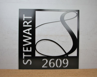 Personalized Modern Style Monogram Square Metal Sign with Name and Street Number - Madison Iron and Wood - Monogram Sign - metal outdoor decor - Steel deocrations - american made products - veteran owned business products - fencing decorations - fencing supplies - custom wall decorations - personalized wall signs - steel - decorative post caps - steel post caps - metal post caps - brackets - structural brackets - home improvement - easter - easter decorations - easter gift - easter yard decor
