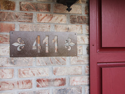 Personalized Fleur De Lis Metal Sign with Street Address Numbers, House Numbers - Madison Iron and Wood - Wall Art - metal outdoor decor - Steel deocrations - american made products - veteran owned business products - fencing decorations - fencing supplies - custom wall decorations - personalized wall signs - steel - decorative post caps - steel post caps - metal post caps - brackets - structural brackets - home improvement - easter - easter decorations - easter gift - easter yard decor
