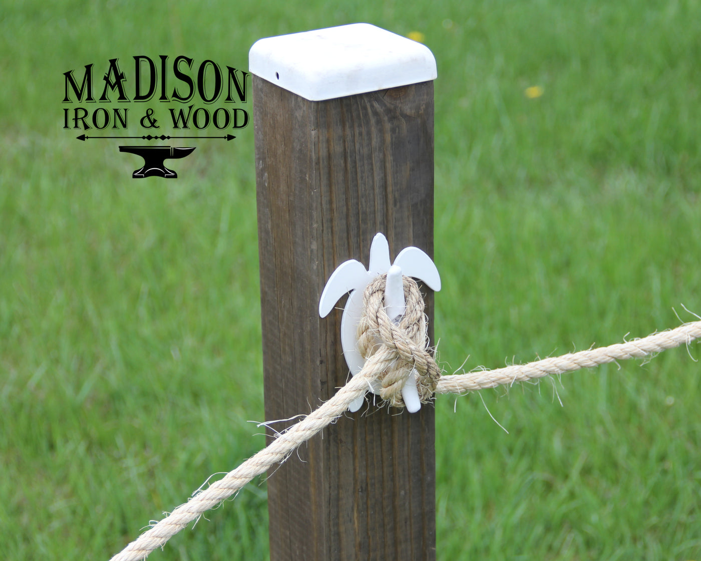 Turtle Nautical Rope Fence Bracket, Boat Tie-off Design - Madison Iron and Wood - Post Cap - metal outdoor decor - Steel deocrations - american made products - veteran owned business products - fencing decorations - fencing supplies - custom wall decorations - personalized wall signs - steel - decorative post caps - steel post caps - metal post caps - brackets - structural brackets - home improvement - easter - easter decorations - easter gift - easter yard decor