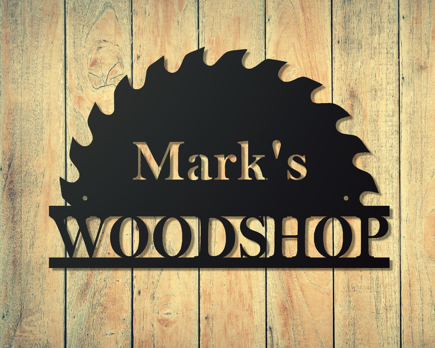 Personalized Woodshop Saw Metal Sign - Madison Iron and Wood - Personalized sign - metal outdoor decor - Steel deocrations - american made products - veteran owned business products - fencing decorations - fencing supplies - custom wall decorations - personalized wall signs - steel - decorative post caps - steel post caps - metal post caps - brackets - structural brackets - home improvement - easter - easter decorations - easter gift - easter yard decor