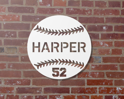 Personalized Baseball Metal Sign with Name and Number - Madison Iron and Wood - Personalized sign - metal outdoor decor - Steel deocrations - american made products - veteran owned business products - fencing decorations - fencing supplies - custom wall decorations - personalized wall signs - steel - decorative post caps - steel post caps - metal post caps - brackets - structural brackets - home improvement - easter - easter decorations - easter gift - easter yard decor