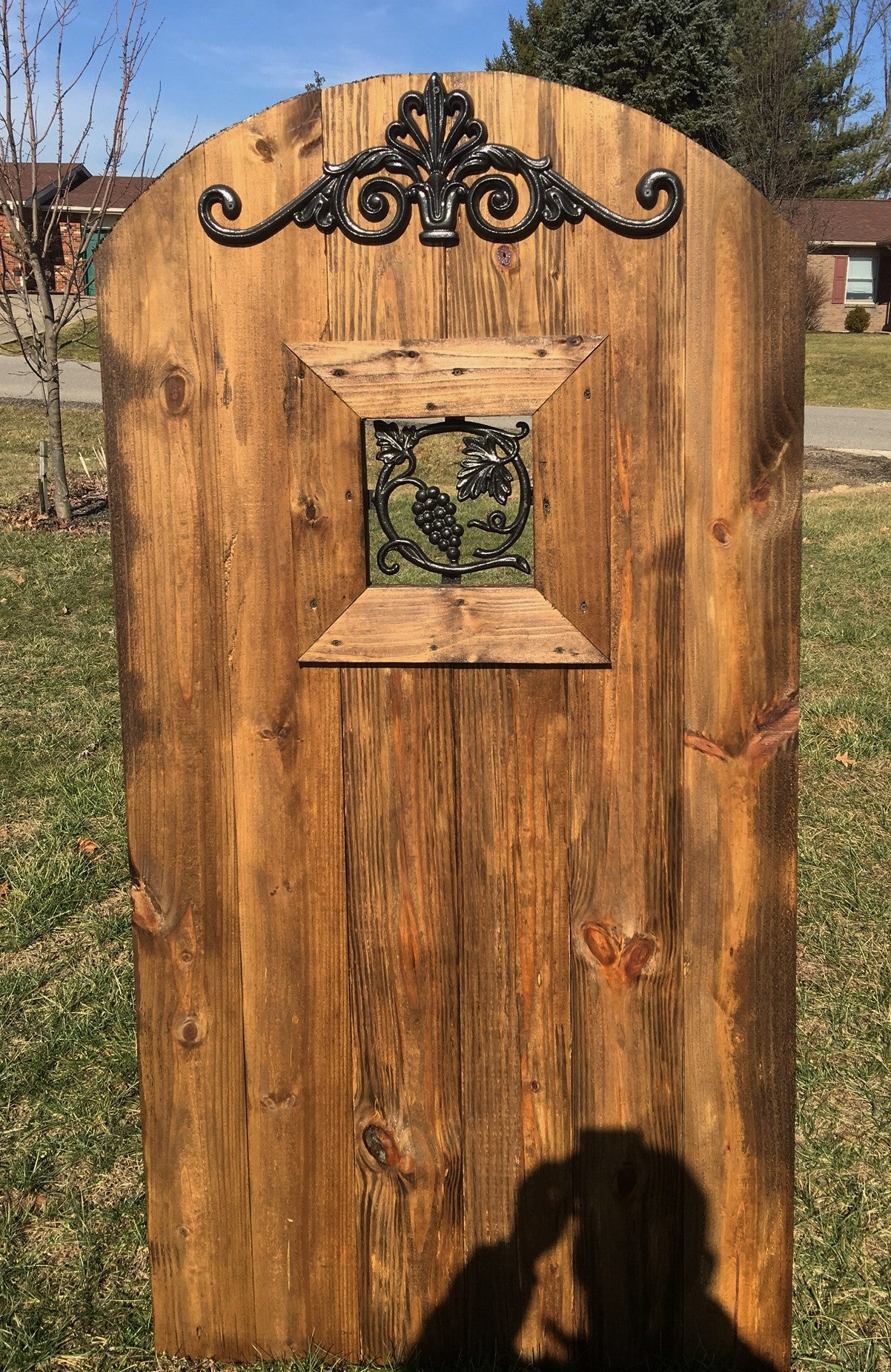 Grape Vine Wrought Iron Window Insert for Wood Gates - Madison Iron and Wood - Gate Window - metal outdoor decor - Steel deocrations - american made products - veteran owned business products - fencing decorations - fencing supplies - custom wall decorations - personalized wall signs - steel - decorative post caps - steel post caps - metal post caps - brackets - structural brackets - home improvement - easter - easter decorations - easter gift - easter yard decor