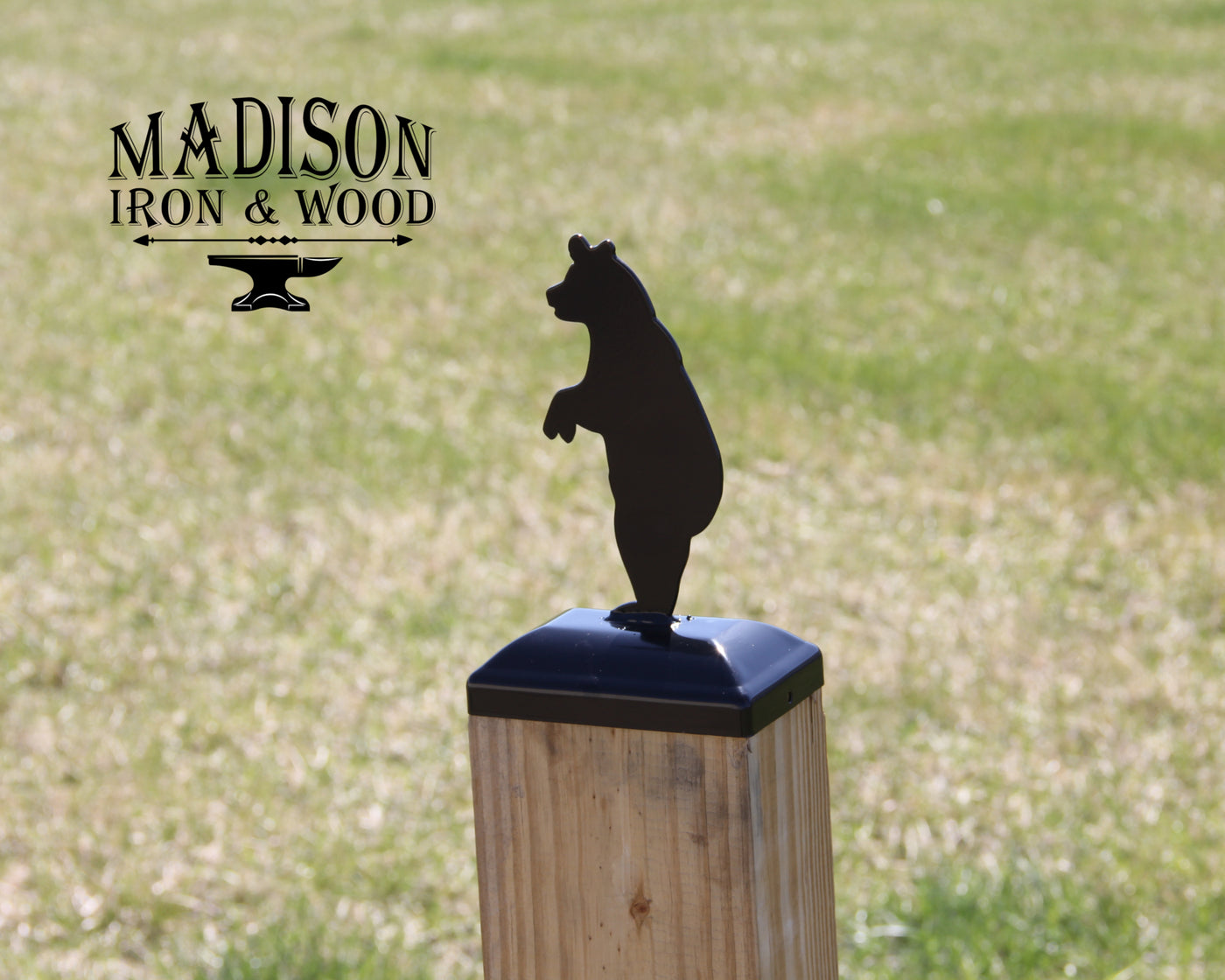 4x6 Standing Bear Post Cap - Madison Iron and Wood - Post Cap - metal outdoor decor - Steel deocrations - american made products - veteran owned business products - fencing decorations - fencing supplies - custom wall decorations - personalized wall signs - steel - decorative post caps - steel post caps - metal post caps - brackets - structural brackets - home improvement - easter - easter decorations - easter gift - easter yard decor