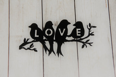 Love Bird on Tree Branch Metal Word Sign - Madison Iron and Wood - Wall Art - metal outdoor decor - Steel deocrations - american made products - veteran owned business products - fencing decorations - fencing supplies - custom wall decorations - personalized wall signs - steel - decorative post caps - steel post caps - metal post caps - brackets - structural brackets - home improvement - easter - easter decorations - easter gift - easter yard decor