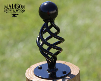 Spiral Cannonball Post Top For Round Wood Fence Post - Madison Iron and Wood - Post Cap - metal outdoor decor - Steel deocrations - american made products - veteran owned business products - fencing decorations - fencing supplies - custom wall decorations - personalized wall signs - steel - decorative post caps - steel post caps - metal post caps - brackets - structural brackets - home improvement - easter - easter decorations - easter gift - easter yard decor