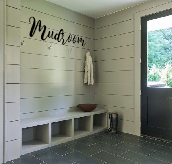 Mudroom Metal Word Sign - Madison Iron and Wood - Wall Art - metal outdoor decor - Steel deocrations - american made products - veteran owned business products - fencing decorations - fencing supplies - custom wall decorations - personalized wall signs - steel - decorative post caps - steel post caps - metal post caps - brackets - structural brackets - home improvement - easter - easter decorations - easter gift - easter yard decor