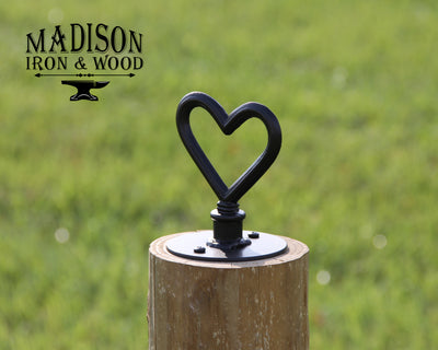 Heart Post Top For Round Wood Fence Post - Madison Iron and Wood - Post Cap - metal outdoor decor - Steel deocrations - american made products - veteran owned business products - fencing decorations - fencing supplies - custom wall decorations - personalized wall signs - steel - decorative post caps - steel post caps - metal post caps - brackets - structural brackets - home improvement - easter - easter decorations - easter gift - easter yard decor