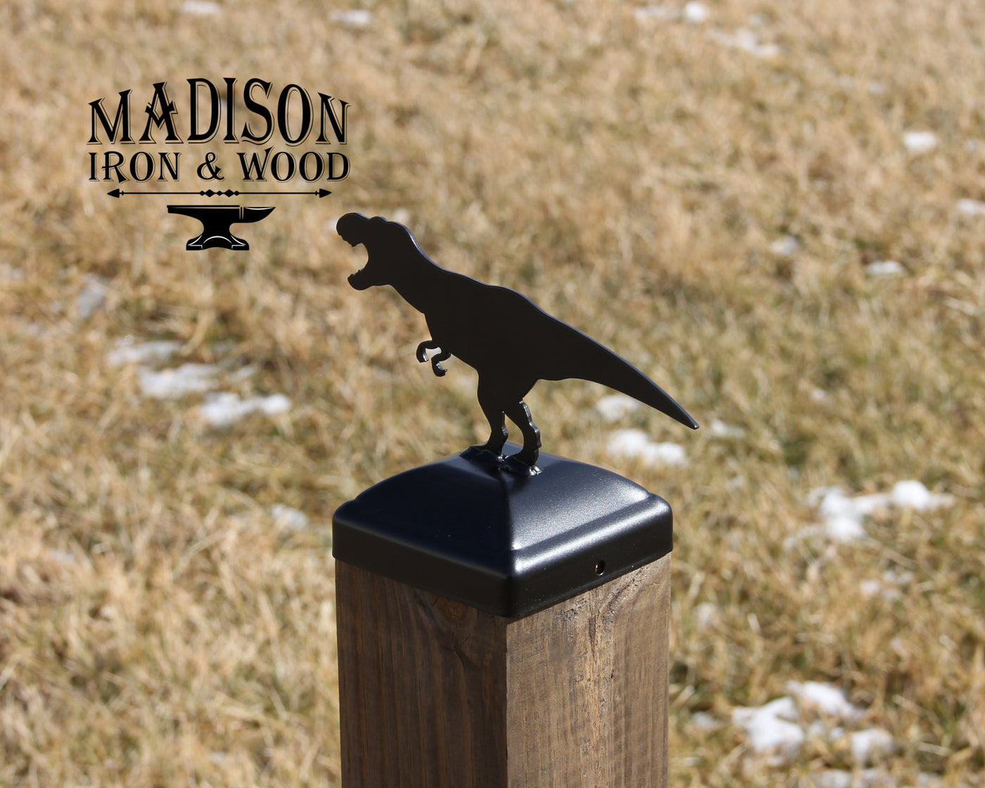4x4 T-Rex Post Cap - Madison Iron and Wood - Post Cap - metal outdoor decor - Steel deocrations - american made products - veteran owned business products - fencing decorations - fencing supplies - custom wall decorations - personalized wall signs - steel - decorative post caps - steel post caps - metal post caps - brackets - structural brackets - home improvement - easter - easter decorations - easter gift - easter yard decor