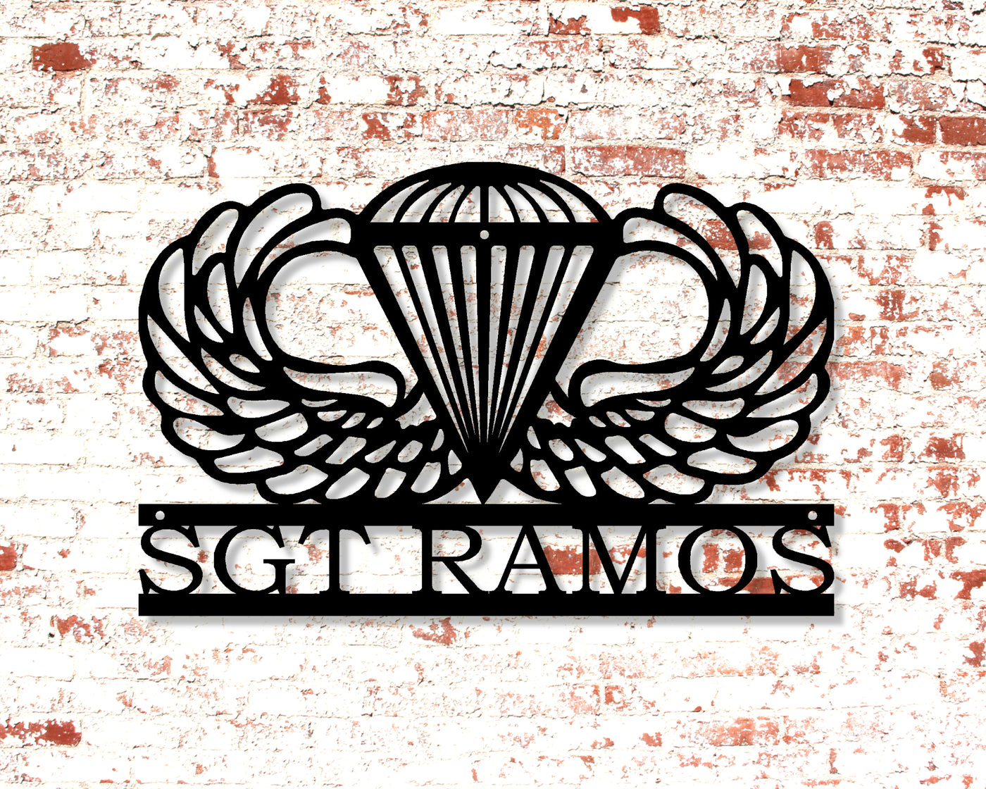 Personalized Airborne Wings Metal Sign with Rank and Name - Madison Iron and Wood - Personalized sign - metal outdoor decor - Steel deocrations - american made products - veteran owned business products - fencing decorations - fencing supplies - custom wall decorations - personalized wall signs - steel - decorative post caps - steel post caps - metal post caps - brackets - structural brackets - home improvement - easter - easter decorations - easter gift - easter yard decor
