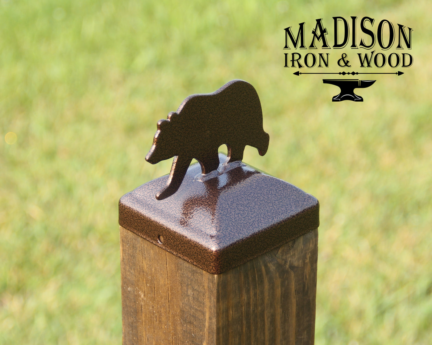 4x4 Bear Post Cap - Madison Iron and Wood - Post Cap - metal outdoor decor - Steel deocrations - american made products - veteran owned business products - fencing decorations - fencing supplies - custom wall decorations - personalized wall signs - steel - decorative post caps - steel post caps - metal post caps - brackets - structural brackets - home improvement - easter - easter decorations - easter gift - easter yard decor