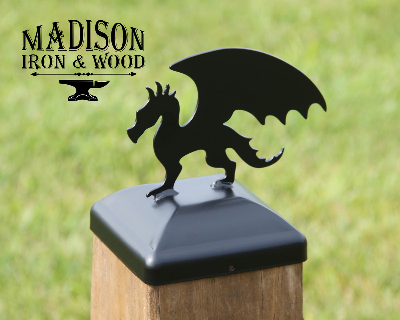 6x6 Dragon Post Cap - Madison Iron and Wood - Post Cap - metal outdoor decor - Steel deocrations - american made products - veteran owned business products - fencing decorations - fencing supplies - custom wall decorations - personalized wall signs - steel - decorative post caps - steel post caps - metal post caps - brackets - structural brackets - home improvement - easter - easter decorations - easter gift - easter yard decor
