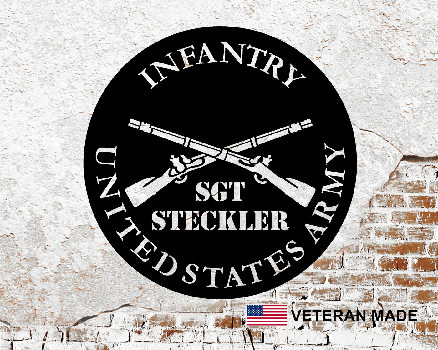 Personalized Army Infantry Metal Sign with Rank and Name - Madison Iron and Wood - Personalized sign - metal outdoor decor - Steel deocrations - american made products - veteran owned business products - fencing decorations - fencing supplies - custom wall decorations - personalized wall signs - steel - decorative post caps - steel post caps - metal post caps - brackets - structural brackets - home improvement - easter - easter decorations - easter gift - easter yard decor
