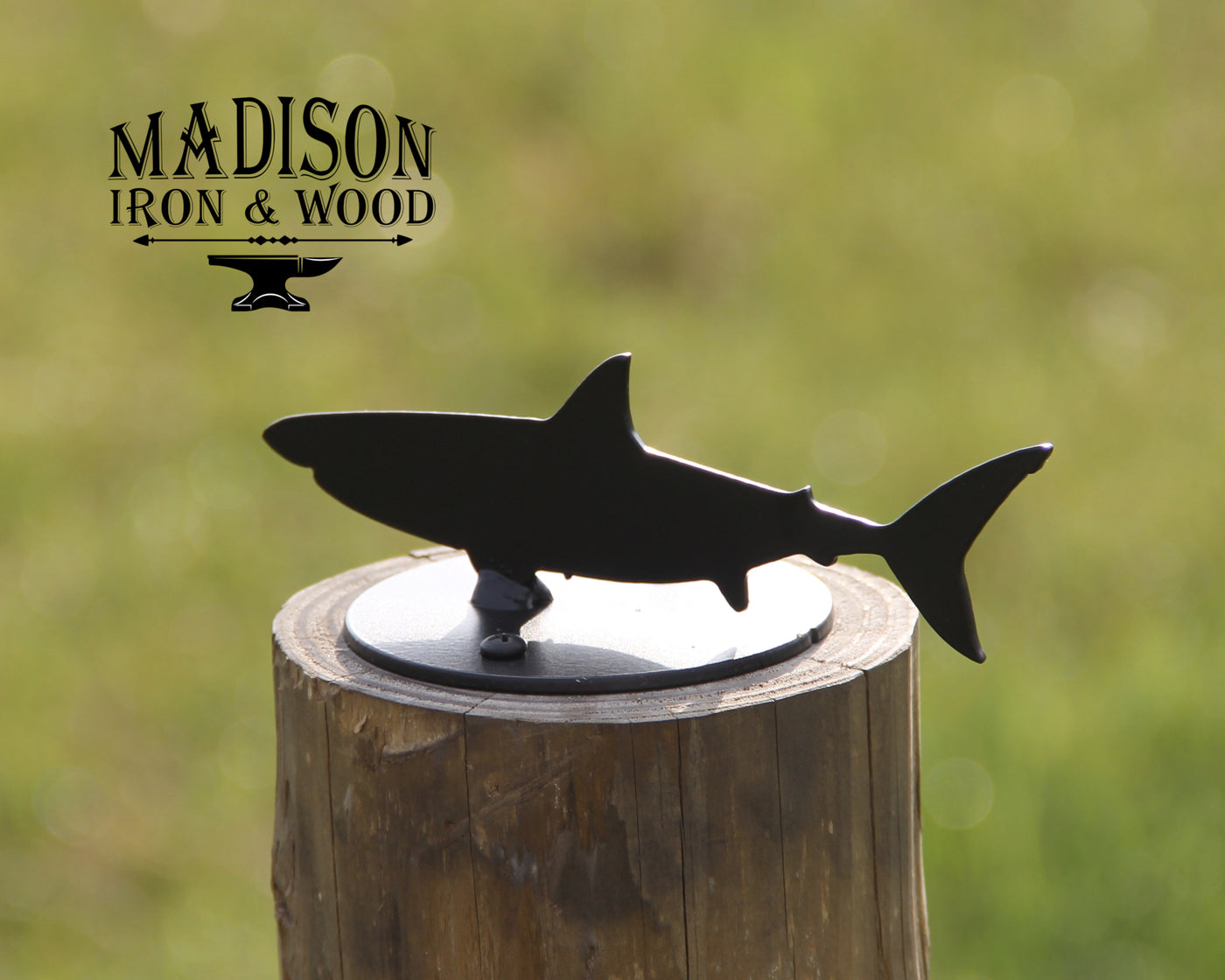 Shark Post Top For Round Wood Fence Post - Madison Iron and Wood - Post Cap - metal outdoor decor - Steel deocrations - american made products - veteran owned business products - fencing decorations - fencing supplies - custom wall decorations - personalized wall signs - steel - decorative post caps - steel post caps - metal post caps - brackets - structural brackets - home improvement - easter - easter decorations - easter gift - easter yard decor