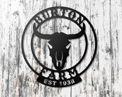 Personalized Steer Skull Metal Sign with Name and EST. Date - Madison Iron and Wood - Personalized sign - metal outdoor decor - Steel deocrations - american made products - veteran owned business products - fencing decorations - fencing supplies - custom wall decorations - personalized wall signs - steel - decorative post caps - steel post caps - metal post caps - brackets - structural brackets - home improvement - easter - easter decorations - easter gift - easter yard decor