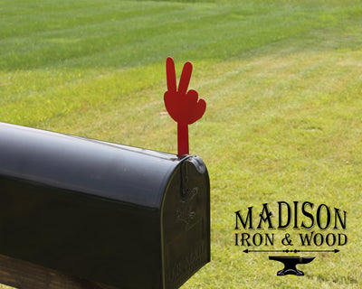 Peace Hand Gesture Mailbox Flag - Madison Iron and Wood - Mailbox Post Decor - metal outdoor decor - Steel deocrations - american made products - veteran owned business products - fencing decorations - fencing supplies - custom wall decorations - personalized wall signs - steel - decorative post caps - steel post caps - metal post caps - brackets - structural brackets - home improvement - easter - easter decorations - easter gift - easter yard decor