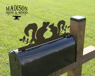 Squirrel Mailbox Topper - Madison Iron and Wood - Mailbox Post Decor - metal outdoor decor - Steel deocrations - american made products - veteran owned business products - fencing decorations - fencing supplies - custom wall decorations - personalized wall signs - steel - decorative post caps - steel post caps - metal post caps - brackets - structural brackets - home improvement - easter - easter decorations - easter gift - easter yard decor