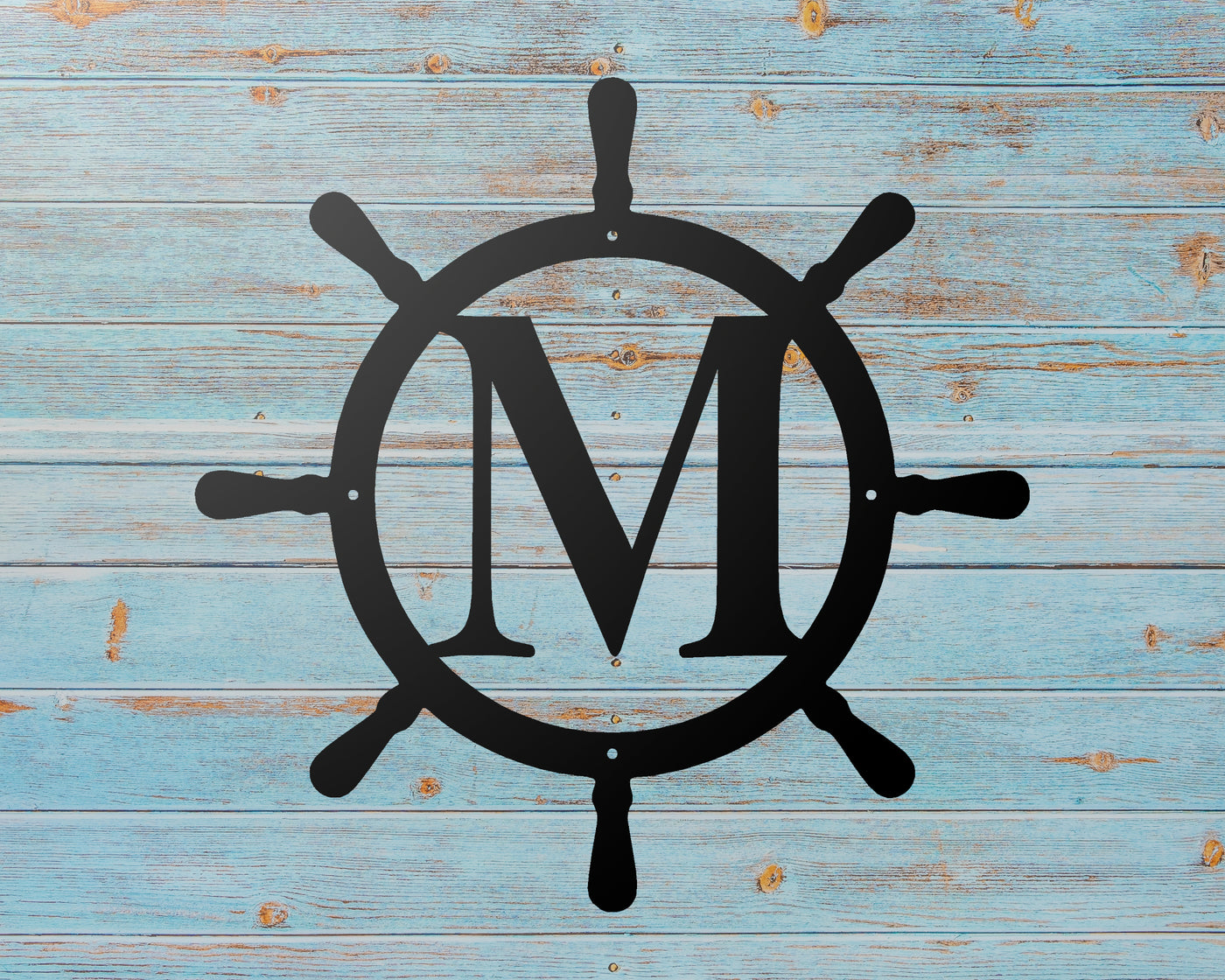 Personalized Monogram Shipwheel Metal Sign - Madison Iron and Wood - Personalized sign - metal outdoor decor - Steel deocrations - american made products - veteran owned business products - fencing decorations - fencing supplies - custom wall decorations - personalized wall signs - steel - decorative post caps - steel post caps - metal post caps - brackets - structural brackets - home improvement - easter - easter decorations - easter gift - easter yard decor