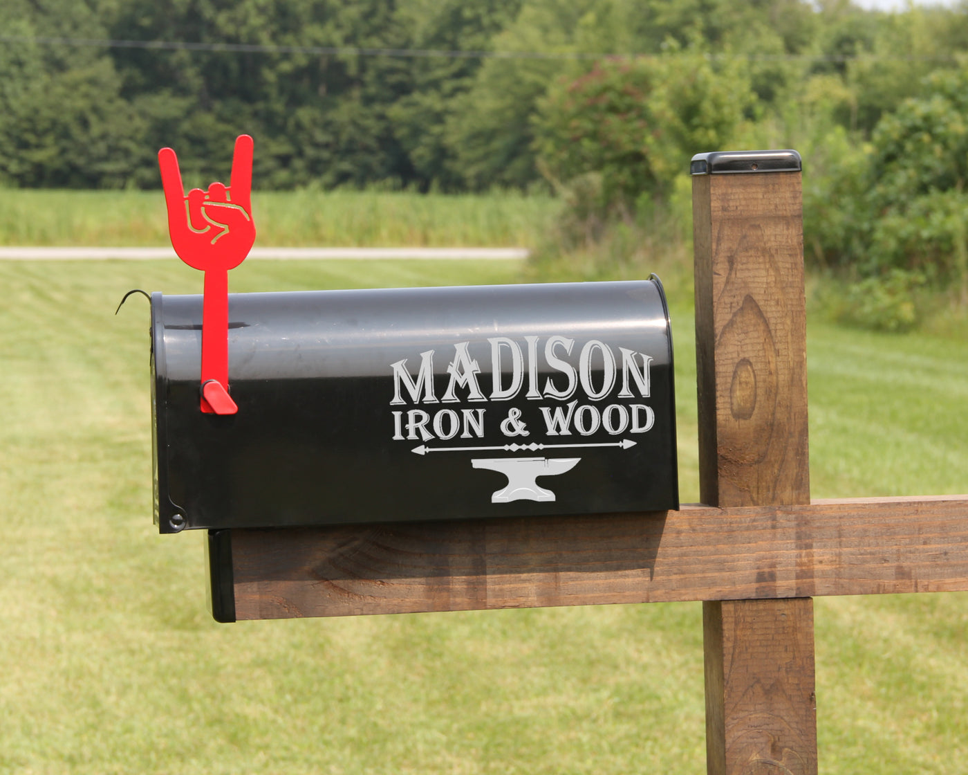 Rock and Roll Hand Gesture Mailbox Flag - Madison Iron and Wood - Mailbox Post Decor - metal outdoor decor - Steel deocrations - american made products - veteran owned business products - fencing decorations - fencing supplies - custom wall decorations - personalized wall signs - steel - decorative post caps - steel post caps - metal post caps - brackets - structural brackets - home improvement - easter - easter decorations - easter gift - easter yard decor