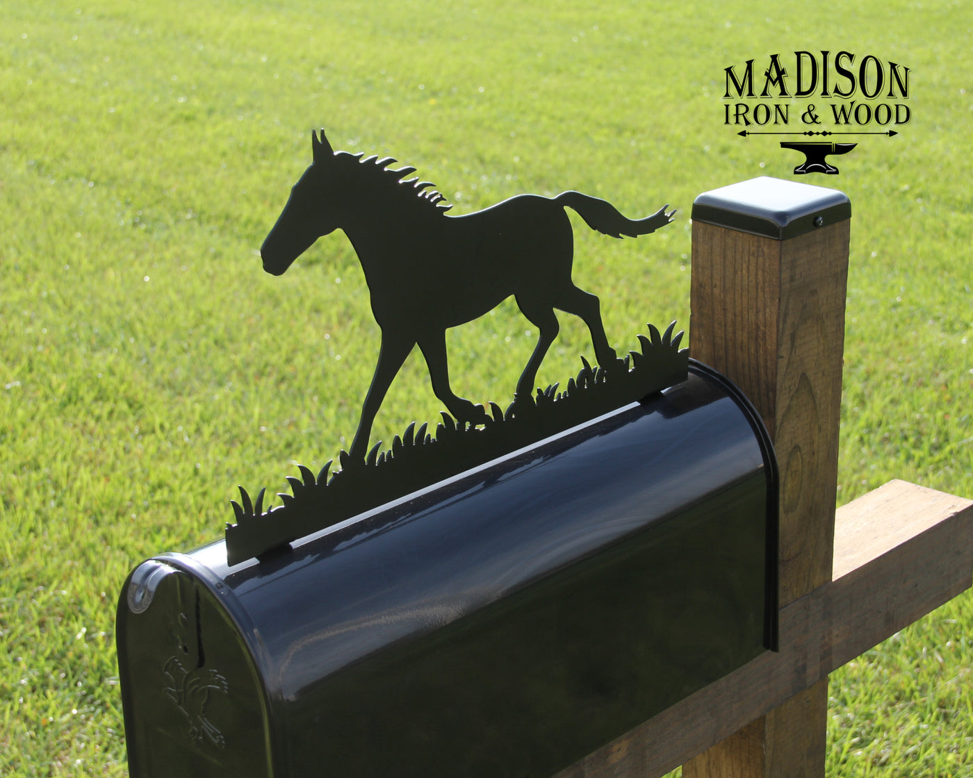 Horse Mailbox Topper - Madison Iron and Wood - Mailbox Post Decor - metal outdoor decor - Steel deocrations - american made products - veteran owned business products - fencing decorations - fencing supplies - custom wall decorations - personalized wall signs - steel - decorative post caps - steel post caps - metal post caps - brackets - structural brackets - home improvement - easter - easter decorations - easter gift - easter yard decor