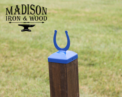 4X4 Horseshoe Post Cap - Madison Iron and Wood - Post Cap - metal outdoor decor - Steel deocrations - american made products - veteran owned business products - fencing decorations - fencing supplies - custom wall decorations - personalized wall signs - steel - decorative post caps - steel post caps - metal post caps - brackets - structural brackets - home improvement - easter - easter decorations - easter gift - easter yard decor