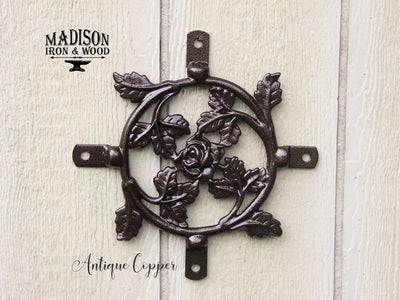 Round Rose Pattern Wrought Iron Window Insert for Wood Gates - Madison Iron and Wood - Gate Window - metal outdoor decor - Steel deocrations - american made products - veteran owned business products - fencing decorations - fencing supplies - custom wall decorations - personalized wall signs - steel - decorative post caps - steel post caps - metal post caps - brackets - structural brackets - home improvement - easter - easter decorations - easter gift - easter yard decor