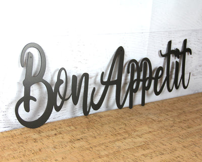 Bon Appetit Metal Word Sign - Madison Iron and Wood - Wall Art - metal outdoor decor - Steel deocrations - american made products - veteran owned business products - fencing decorations - fencing supplies - custom wall decorations - personalized wall signs - steel - decorative post caps - steel post caps - metal post caps - brackets - structural brackets - home improvement - easter - easter decorations - easter gift - easter yard decor