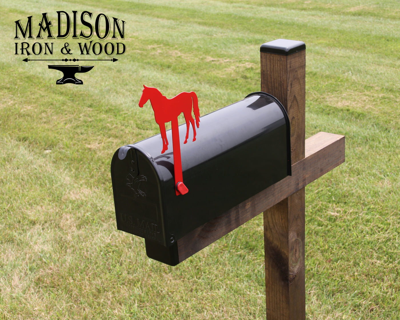 Horse Mailbox Flag - Madison Iron and Wood - Mailbox Post Decor - metal outdoor decor - Steel deocrations - american made products - veteran owned business products - fencing decorations - fencing supplies - custom wall decorations - personalized wall signs - steel - decorative post caps - steel post caps - metal post caps - brackets - structural brackets - home improvement - easter - easter decorations - easter gift - easter yard decor