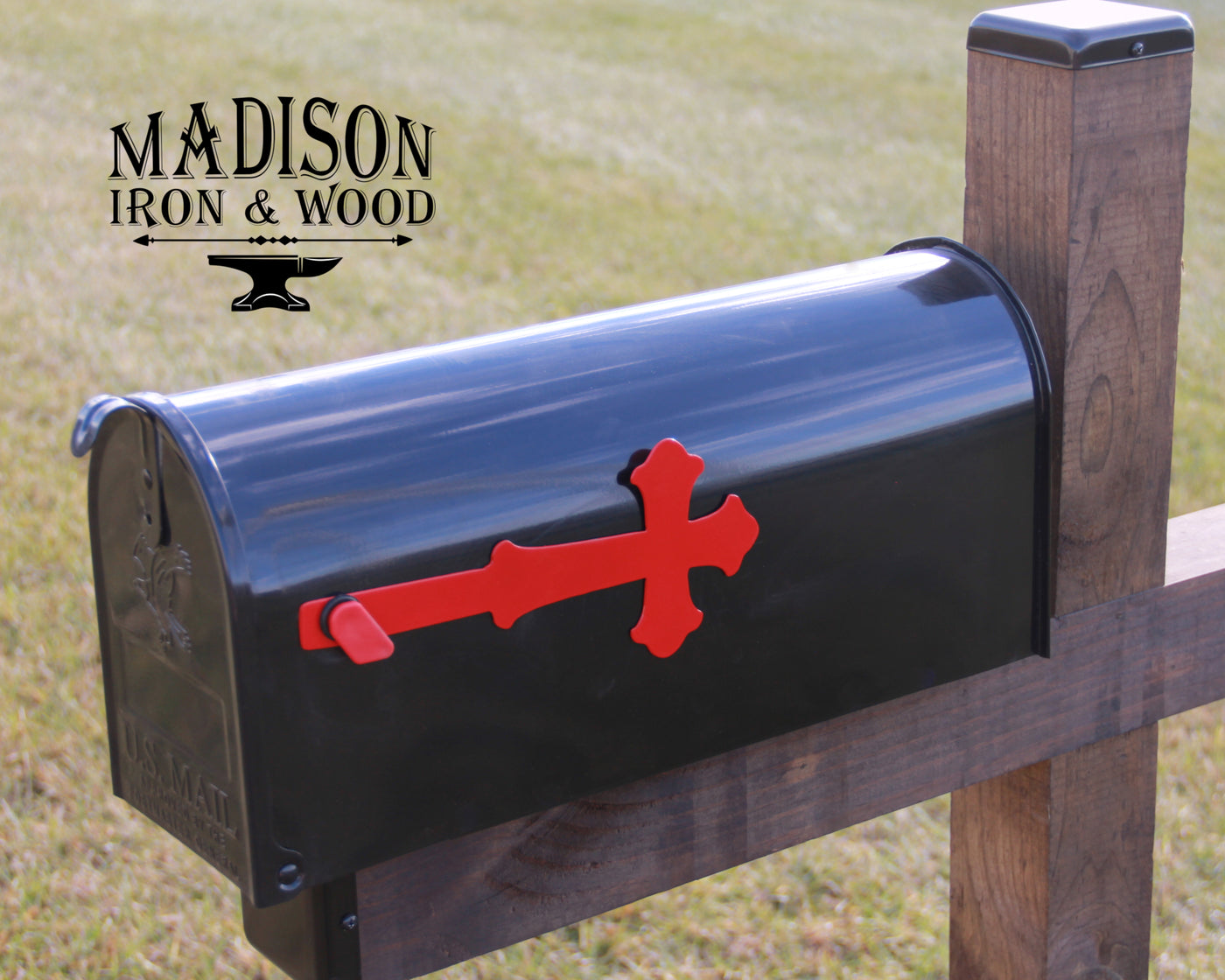 Cross Mailbox Flag - Madison Iron and Wood - Mailbox Post Decor - metal outdoor decor - Steel deocrations - american made products - veteran owned business products - fencing decorations - fencing supplies - custom wall decorations - personalized wall signs - steel - decorative post caps - steel post caps - metal post caps - brackets - structural brackets - home improvement - easter - easter decorations - easter gift - easter yard decor