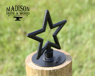 Star Post Top For Round Wood Fence Post - Madison Iron and Wood - Post Cap - metal outdoor decor - Steel deocrations - american made products - veteran owned business products - fencing decorations - fencing supplies - custom wall decorations - personalized wall signs - steel - decorative post caps - steel post caps - metal post caps - brackets - structural brackets - home improvement - easter - easter decorations - easter gift - easter yard decor