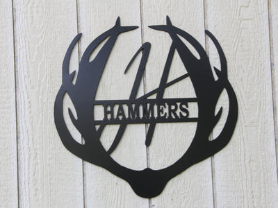 Personalized Monogram Antler Metal Sign with Name - Madison Iron and Wood - Monogram Sign - metal outdoor decor - Steel deocrations - american made products - veteran owned business products - fencing decorations - fencing supplies - custom wall decorations - personalized wall signs - steel - decorative post caps - steel post caps - metal post caps - brackets - structural brackets - home improvement - easter - easter decorations - easter gift - easter yard decor