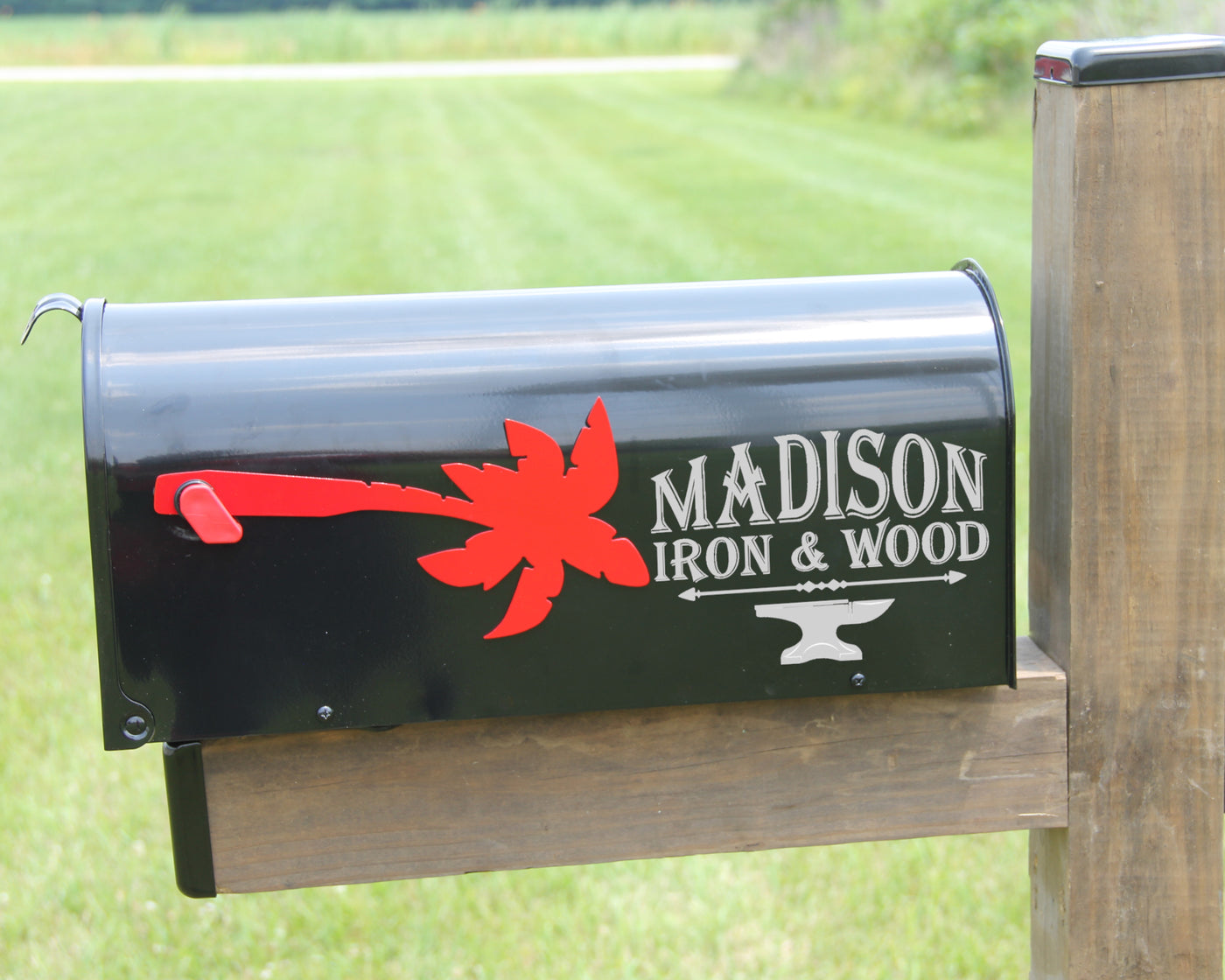 Palm Tree Mailbox Flag - Madison Iron and Wood - Mailbox Post Decor - metal outdoor decor - Steel deocrations - american made products - veteran owned business products - fencing decorations - fencing supplies - custom wall decorations - personalized wall signs - steel - decorative post caps - steel post caps - metal post caps - brackets - structural brackets - home improvement - easter - easter decorations - easter gift - easter yard decor