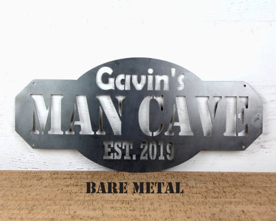 Personalized Man Cave Metal Sign with Name and EST. Date - Madison Iron and Wood - Personalized sign - metal outdoor decor - Steel deocrations - american made products - veteran owned business products - fencing decorations - fencing supplies - custom wall decorations - personalized wall signs - steel - decorative post caps - steel post caps - metal post caps - brackets - structural brackets - home improvement - easter - easter decorations - easter gift - easter yard decor