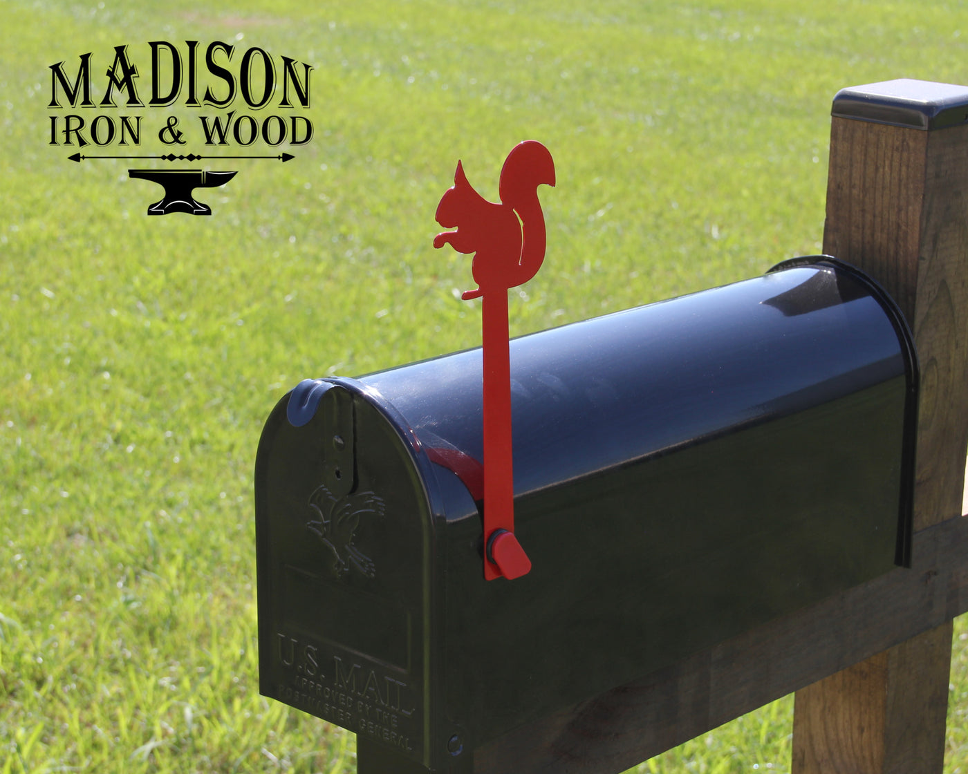 Squirrel Mailbox Flag - Madison Iron and Wood - Mailbox Post Decor - metal outdoor decor - Steel deocrations - american made products - veteran owned business products - fencing decorations - fencing supplies - custom wall decorations - personalized wall signs - steel - decorative post caps - steel post caps - metal post caps - brackets - structural brackets - home improvement - easter - easter decorations - easter gift - easter yard decor