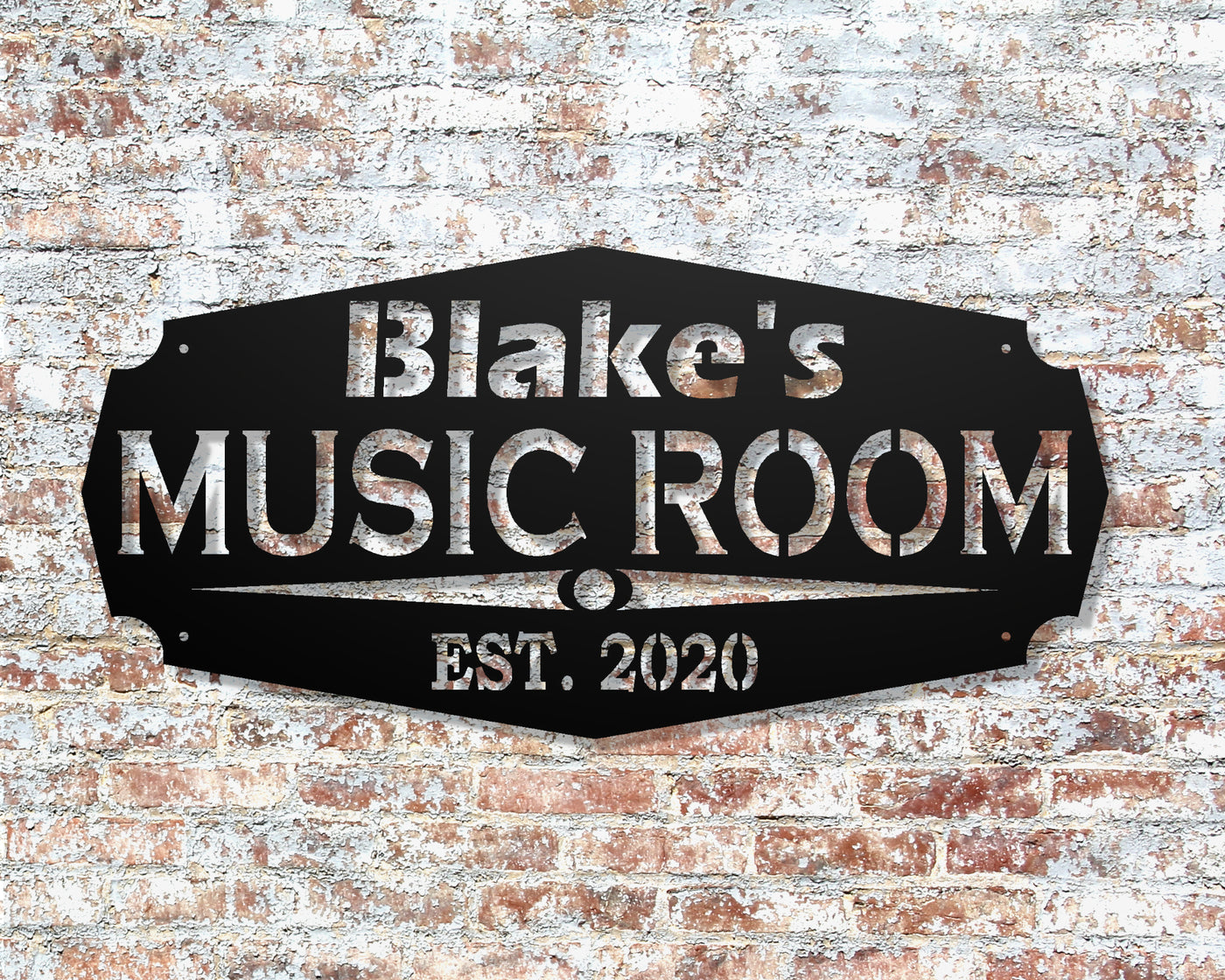 Personalized Music Room Metal Sign with Name and EST. Date - Madison Iron and Wood - Personalized sign - metal outdoor decor - Steel deocrations - american made products - veteran owned business products - fencing decorations - fencing supplies - custom wall decorations - personalized wall signs - steel - decorative post caps - steel post caps - metal post caps - brackets - structural brackets - home improvement - easter - easter decorations - easter gift - easter yard decor