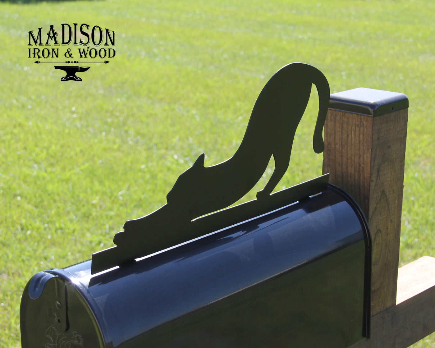 Cat Mailbox Topper - Madison Iron and Wood - Mailbox Post Decor - metal outdoor decor - Steel deocrations - american made products - veteran owned business products - fencing decorations - fencing supplies - custom wall decorations - personalized wall signs - steel - decorative post caps - steel post caps - metal post caps - brackets - structural brackets - home improvement - easter - easter decorations - easter gift - easter yard decor