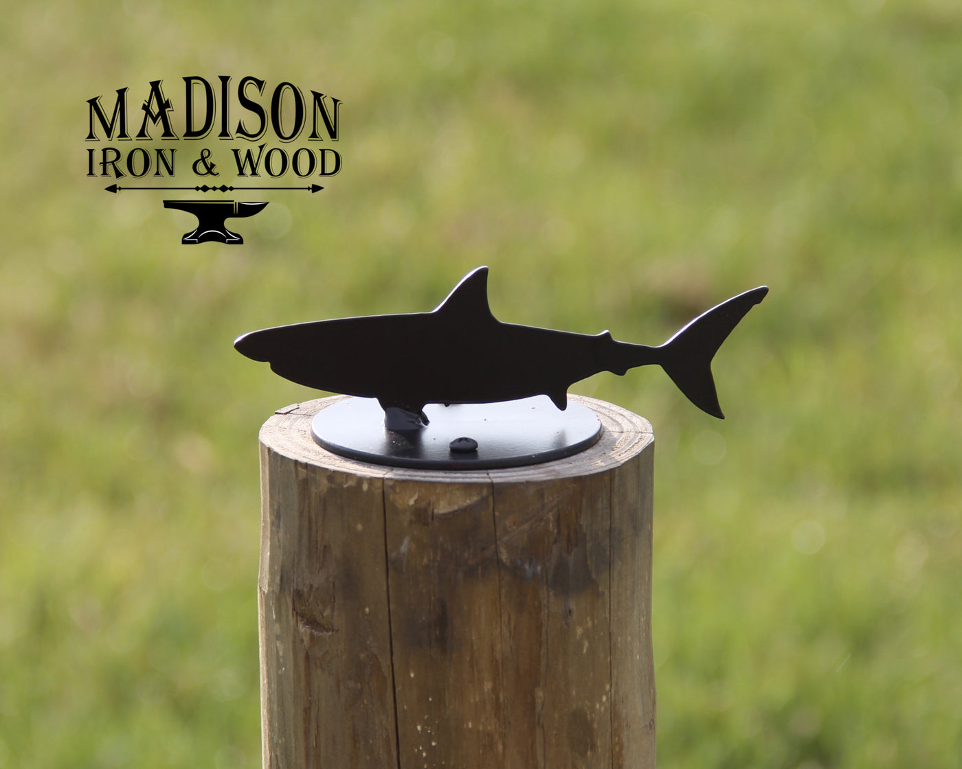 Shark Post Top For Round Wood Fence Post - Madison Iron and Wood - Post Cap - metal outdoor decor - Steel deocrations - american made products - veteran owned business products - fencing decorations - fencing supplies - custom wall decorations - personalized wall signs - steel - decorative post caps - steel post caps - metal post caps - brackets - structural brackets - home improvement - easter - easter decorations - easter gift - easter yard decor